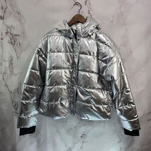 Offline Aerie Coat Womens Large Silver Hooded Quilted Puffer Metallic Sherpa